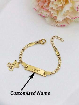 1 Customized Name Bracelet, Cute Teddy Bear DIY Birthday Gift, Dear Teen Jewelry, Stainless Steel Allergy Free Bracelet, Teen's Funny And Mysterious Santa Claus Gift, New Year's Gift For Boys And Girls, Valentine's Day Multifunctional, Decorative, Exquisitely Carved, Cute Kawaii Customization