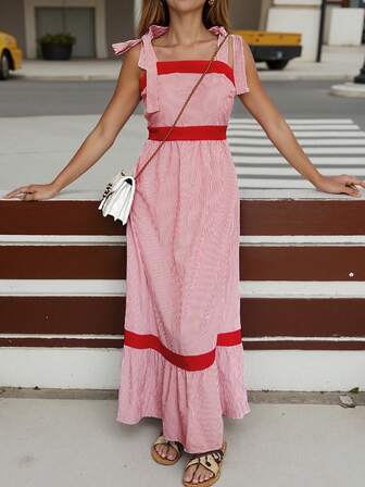 春夏女装优雅休闲度假风吊带设计撞色条纹拼接女士吊带婚礼长裙