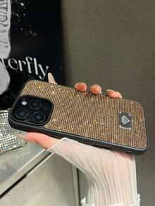 1pc Black Rhinestone Inlaid Shiny Full Coverage Comfortable Grip Phone Case Compatible With Iphone 16 Waterproof Shockproof Anti-Fall Scratch Resistant - Gold - View 4
