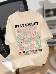 Áo thun ngắn tay rộng rãi, mềm mại, in hình dâu tây và hoa ngọt ngào dành cho bé gái, kiểu dáng thường ngày mùa hè. - Màu be - Xem 2