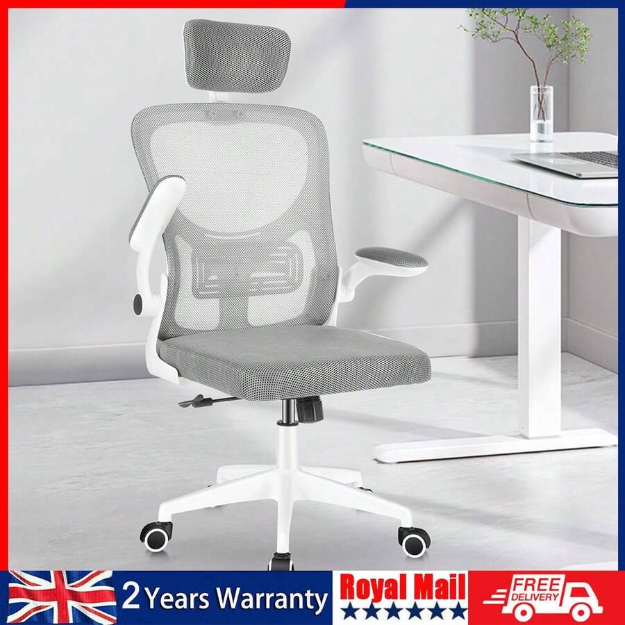 OYAJIA Office Chair Ergonomic Desk With 90° Flip-Up Armrest Lumbar Support, Height Adjustable Chair, Executive Swivel Computer Padded Seat Cushion For Home/Office - Light Grey - View 1