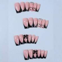 Medium Pr On Nails Coffin Fake Nails Black French Tip False Nails With 3D Bow Charms Design Glue On Nails Heart Acrylic Nails Rhinestone Full Cover Stick On Nails For Women 24Pcs - 黑色 - 查看 3