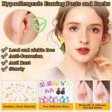 300pcs Stainless Steel Ear Pins, Butterfly Clasps & Rubber Bullet Backs For Diy Earring And Jewelry Making - Gold - View 3