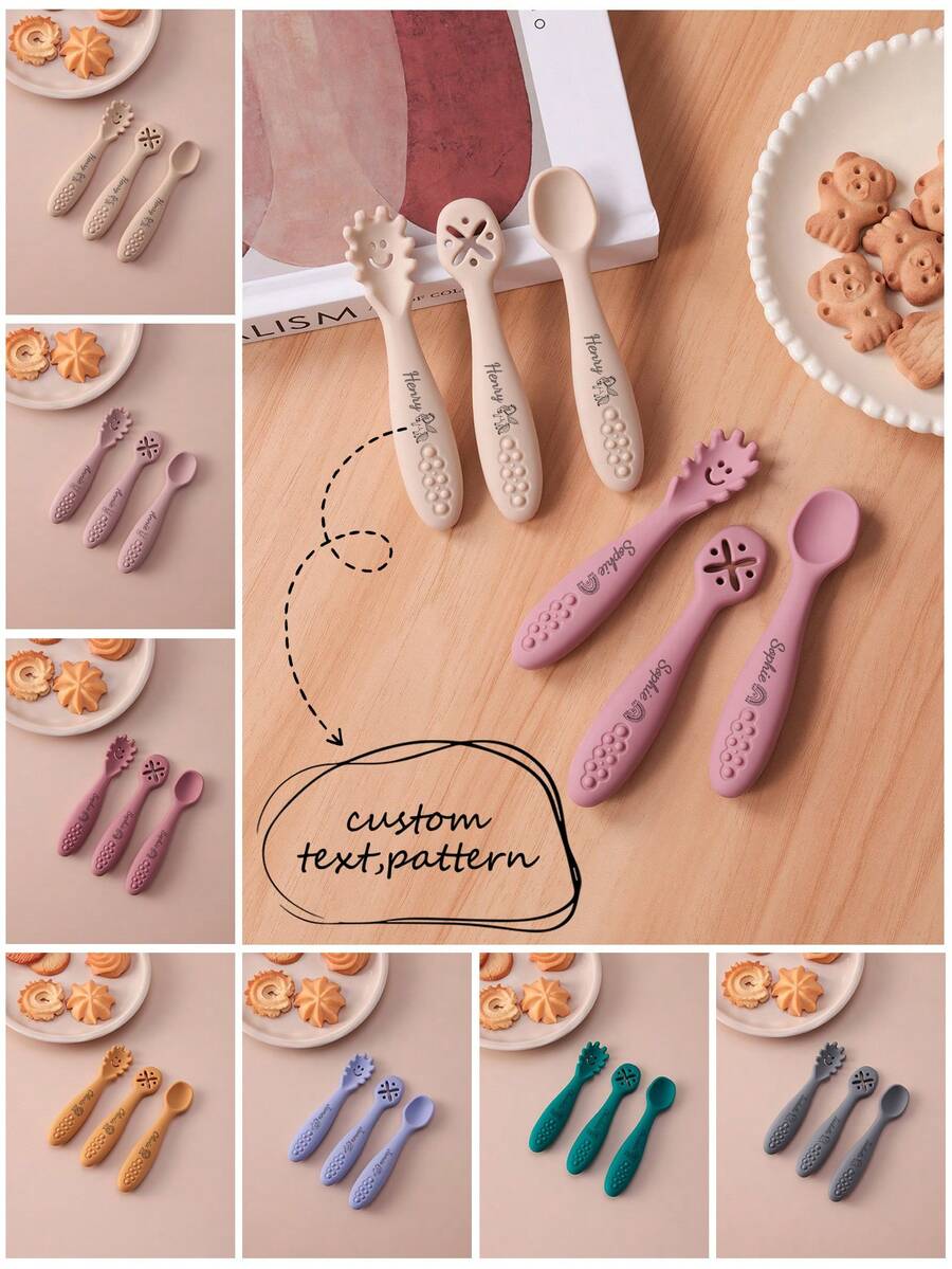 Juego de 3 piezas de vajilla para bebé con personalización de patrón y nombre, cuchara y tenedor de entrenamiento mini de silicona, herramientas de alimentación para bebé, artículos esenciales de vajilla - Multicolor - Ver 1