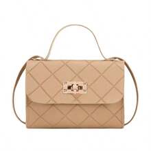 2025 新款女士化妆包压纹菱形图案单肩包，简约经典迷你小包 - 卡其色 - 查看 2