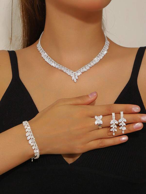 1pc Women's V-Shaped Zirconia Necklace Set, Luxury Fashion Silver Jewelry 4-Piece Accessory Set, Suitable For Wedding, Party, Banquet, Gifts