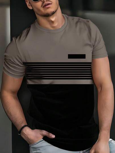 Men's 3D Print Two-Tone Simple Line Pattern T-Shirt Casual Short Sleeve Men's Summer Outdoor Wear Short Sleeve Pullover Top