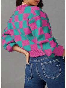Women's Checkered Button Down Long Sleeve Knit Cropped Cardigan Sweater Tops, Style - Rose - View 4