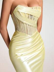 VIPGIRL 香槟色奢华柔软缎面无肩带束身礼服,垂褶紧身胸衣搭配高开衩设计,优雅伴娘礼服,性感正式礼服,适合婚礼、长款舞会、开斋节派对和红毯活动。 - 黃色 - 查看 2