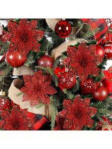 2pcs/10pcs/20pcs Hollow Mesh Clip-On Artificial Poinsettia, Christmas Tree Decorations, Glitter Poinsettia Wreath Decor, Holiday Decorations, Christmas Tree, Wreath, Glitter Poinsettia Christmas Tree Ornaments, Holiday Decor, DIY Poinsettia Wreath, Party Decorations