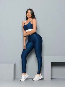 Premium Suplex Fitness Set With Pants And Non-Transparent Cup Top, Fitness Gym Clothing Kit, High Compression Leggings - 藍色 - 查看 8