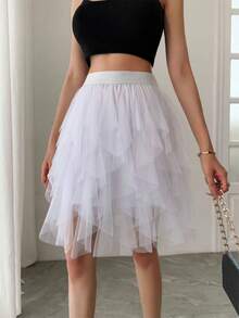 1pc Women's Asymmetrical Layered Ruffle Mesh Tulle Skirt, Cake Skirt - White - View 3