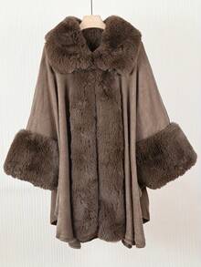 1 Peça Poncho Cardigan com Capuz e Gola Felpuda Elegante em Tecido de Malha Acrílica Folgado e Volumoso, Plus Size, para Mulheres, para Vestir