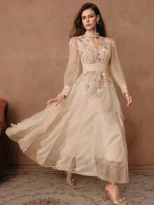 Savoree 女士优雅彩色刺绣连衣裙，长袖拼布褶皱网纱下摆派对婚礼宾客礼服 - 查看 6