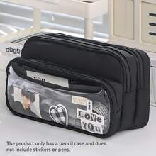 [ Cosmetic Bag] Large Light Blue Multi-Compartment Pencil Case | Twill Fabric With Clear Window, Portable Cosmetic Bag For Stationery, Makeup, And Accessories, Makeup Organizer,Back To School - Multicolor - View 16