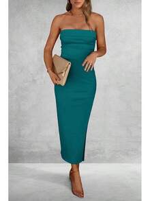 Women's Summer Bodycon Maxi Tube Dress Ribbed Strapless Side Slit Long Going Out Casual Elegant Party DressesHalloween Christmas New Year - 藍綠色 - 查看 8