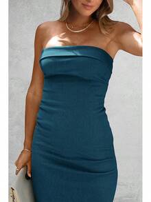 Women's Summer Bodycon Maxi Tube Dress Ribbed Strapless Side Slit Long Going Out Casual Elegant Party DressesHalloween Christmas New Year - 深藍色 - 查看 5