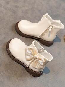 Kids' Leather Ankle Boots - Black, White, Bow & Faux Pearl "Back To School Season""Black Leather Shoes""School Shoes""Young Girls' Shoes""Girls' Shoes"