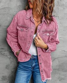 Vetinee Women's Oversized Button Up Frayed Hem Shacket Long Sleeve Pockets Denim Jean Jacket - 紫丁香玫瑰 - 查看 7