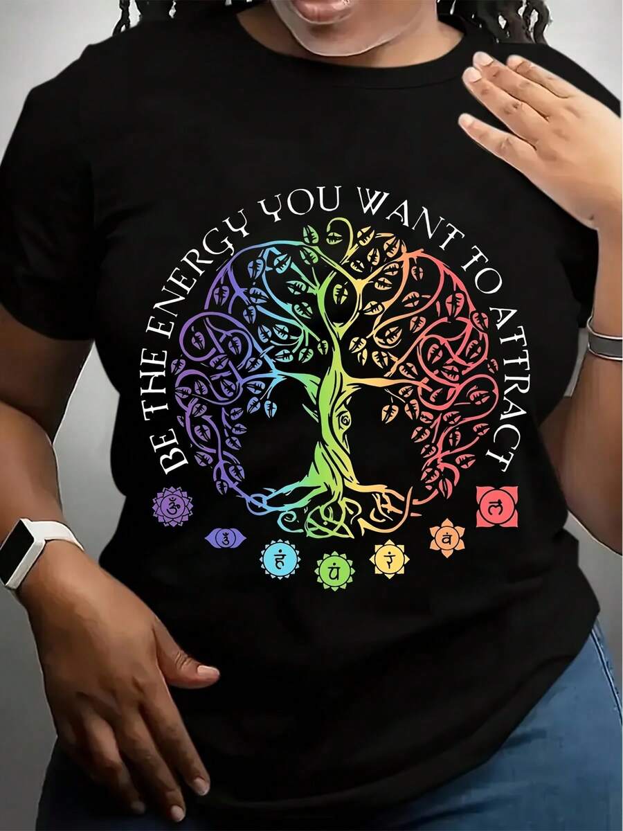 Women's Spiritual Yoga T-Shirt - Black With Rainbow Chakra Tree Design - Breathable Cotton Top - Seven Chakras Energy Graphic - Casual Everyday & Meditation Wear - Ideal Gift For Women, Yoga Accessories, Comfortable Fit Shirt - màu đen - Xem 1