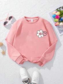 1 buah Sweatshirt Kerah Bulat Motif Bunga & Hati Lucu untuk Anak Perempuan, Lembut & Nyaman, Pakaian Kasual untuk Musim Semi/Gugur - Berwarna merah muda - View 2
