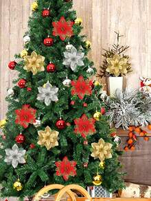 20/10/1pc Poinsettia Christmas Floral With Clips, Christmas Decorations, Shiny Poinsettia, Christmas Tree Flower Decor, DIY Christmas Wreath, Home Holiday Party - Gold - View 7