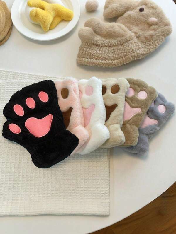 1 par de guantes de media mano con diseño de pata de gato, en colores negro, marrón y gris, adecuados como regalo de invierno, unisex