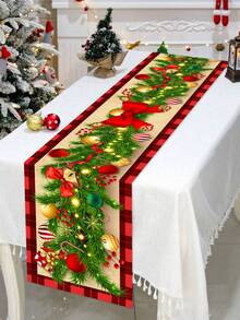 1pc 35x180cm Christmas Polyester Tablecloth, Red Christmas Theme With Floral Vine And Bow Design, Suitable For Home Dining Table, Coffee Table, Christmas Party Decor, High-End Holiday Atmosphere Textile Accessory - Multicolor - View 4