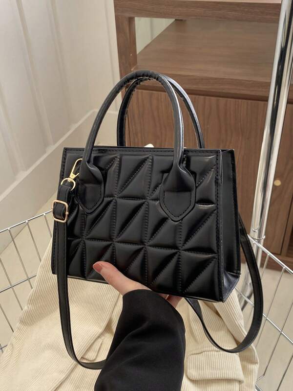 1pc Large Capacity Crinkle Plaid Solid Color Women's Square Tote Bag, Retro Fashion Casual Women's Handbag, Suitable For Office, Work, Business, Commuting, Daily Outings