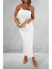 Women's Summer Bodycon Maxi Tube Dress Ribbed Strapless Side Slit Long Going Out Casual Elegant Party DressesHalloween Christmas New Year - 白色 - 查看 4
