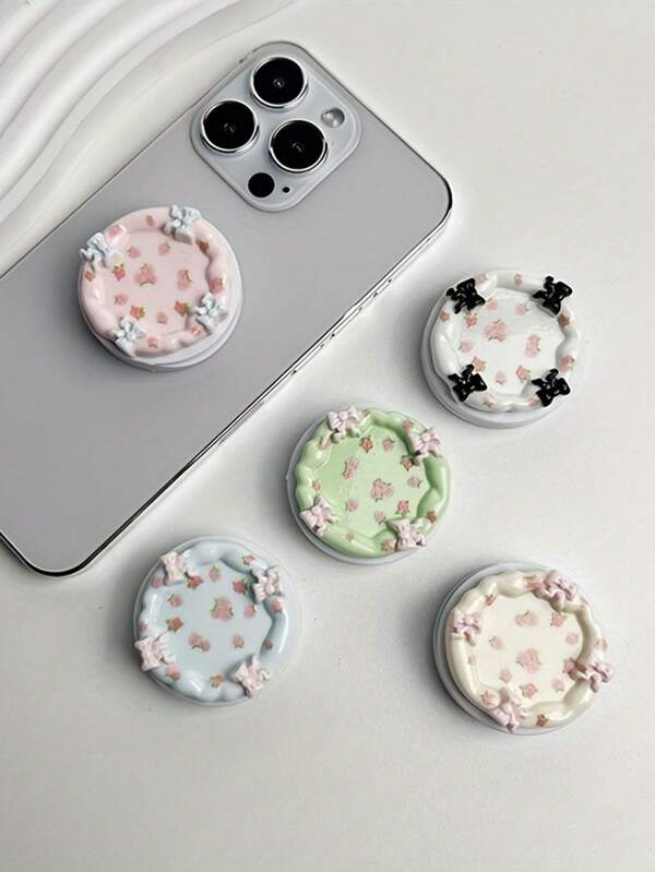 Colorful Cake & Bowknot Phone Grip Stand, Cute Plate Shaped Faux Flower Print Phone Case Accessories