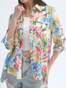 女士彩色扎染渐变撞色长袖休闲衬衫，人造丝尼龙印花面料，纽扣长袖休闲衬衫，有口袋，长袖上衣，适合日常通勤，休闲度假穿着，适合秋冬季旅行