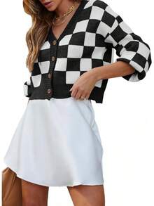 Women's Checkered Button Down Long Sleeve Knit Cropped Cardigan Sweater Tops, Style - 杏 - 查看 5