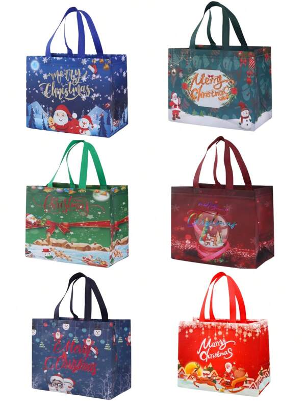 2 piezas Bolsas de regalo de tela no tejida con tema navideño, a prueba de agua y aceite con patrones como Papá Noel, árbol de Navidad, muñeco de nieve, adecuado para compras, regalos de Navidad, decoraciones de fiesta, Navidad, decoraciones navideñas, pijamas navideños, regalos de Navidad, decoración navideña