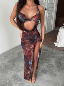 Damen elegant einfarbiges rückenfreies Abendkleid mit gerafftem Saum, geeignet für Hochzeit und formelle Dinners - Kaffeebraun - Übersicht 3