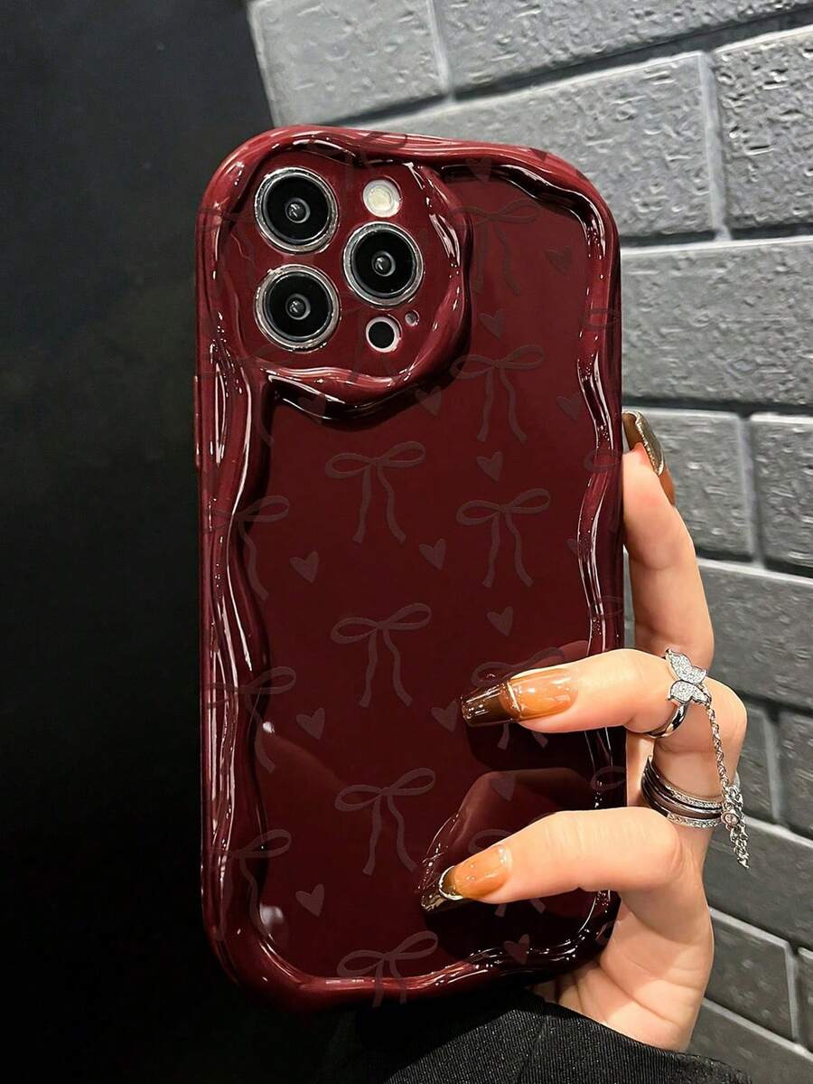 Funda protectora de teléfono gruesa, minimalista y a prueba de caídas con lazo, borde ondulado en color burdeos, impresa y adecuada para iPhone 15/IP16 PROMAX XR /7/8 iPhone 15 Promax/12 PROMAX/13 PROMAX/14 PROMAX 13 14 11 12p 14 Women P11 Soft Shell P12 Anti-Drop XS.XR /78P.78GES2