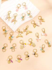 1 对女士不锈钢吊坠耳环，蝴蝶、羽毛、心形、三叶草和珍珠装饰