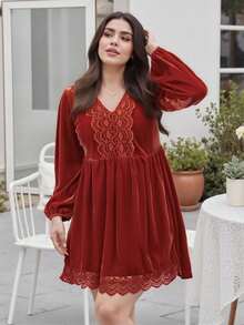 Women's Plus Size Velvet Smock Dress Long Sleeve Deep V Neck Lace Trim Flared Hem Boho Party Style - 紅色 - 查看 5