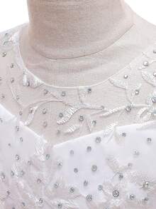 Vestido elegante de niña preadolescente con cuello redondo, bordado floral, strass y malla de satén para dama de honor en boda, fiesta de cumpleaños, sin diadema - Blanco - Ver 6