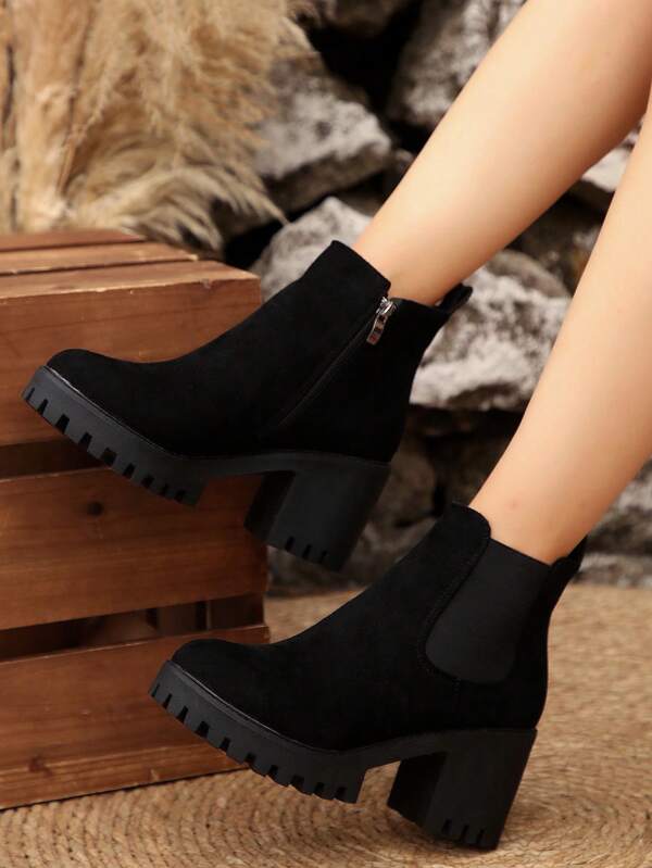 Stivaletti alla caviglia chunky da donna, stivaletti elastici, stivaletti casual in finta pelle con tacco spesso, scarpe da donna, stivaletti con cerniera laterale di moda, nuovi stivaletti alla caviglia da donna con tacco chunky sexy, nuovi stivaletti alla caviglia in velluto da donna per autunno/inverno, stivaletti alla caviglia con suola spessa e punta tonda elastica di moda, stivali da donna