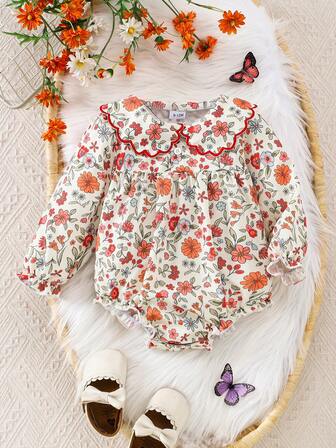 Baby Mädchen Bodysuit mit Blume Muster und Rüschenkragen/-manschetten, geeignet für Fotografie und Alltagstragen, Frühling/Herbst