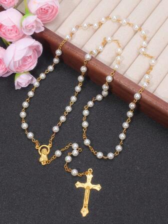 1 pieza Elegante collar de cruz de perlas acrílicas, collar de cuentas de oración del rosario para la paz y la salud