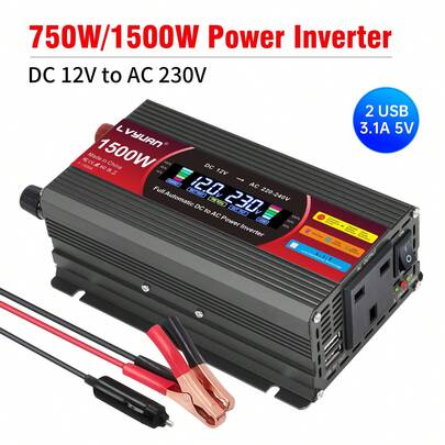 Power Inverter 1500W 12V To 120V / 230V LCD Display UK Socket 3.1A 5V USB Car Converter Black