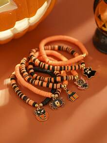 6pcs/Set Gothic Halloween Polymer Clay Beaded Bracelet, Ghost, Bat, Pumpkin Pendant, Vintage Fashion, Dark Night Party Jewelry Gift For Women & Couples