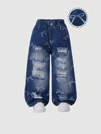1 条女童可爱蝴蝶结装饰破洞牛仔裤，时尚街头时尚休闲裤，秋冬新品