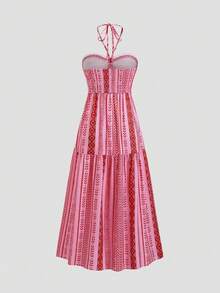 Women's Long Floral Bohemian Style Dress, Printed Halter Dress - Red - View 5