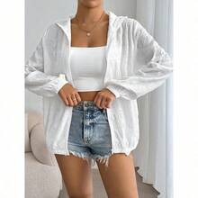 Summer Lightweight Texture Long Sleeve Hooded Jacket In Solid Color Back To School Outfits Fall Clothes Teacher Clothes Hooded White Jacket Long Sleeve Jacket Going Out Jacket - 白色 - 查看 5