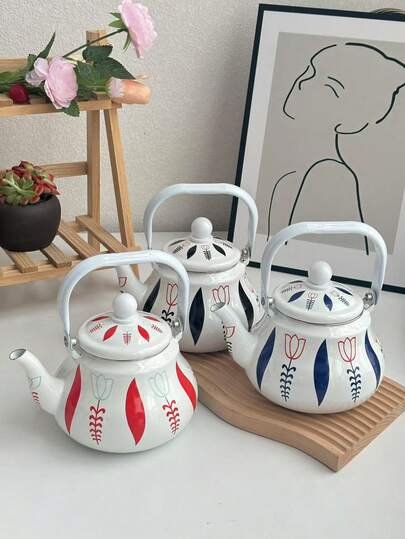 A Set Of Multi-Color Tulip Leaf Enamel Water Bottles, Multipurpose Flat Bottom Enamel Cold Water Bottles, Tea Pots, Milk Tea Pots, Suitable For Induction Cooktop Or Gas Stove Direct Heating Enamel Tea Pots, Home Desktop Decor Tea Pots, As Well As Gifts For Friends And Family On Holidays And Birthdays