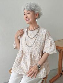 FRIFUL 女士纹理泡泡袖衬衫，夏季娃娃装上衣 - 杏色 - 查看 5