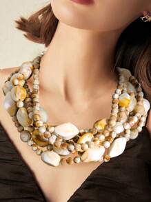 1 件波西米亚风格天然宝石和彩色手工串珠项链，欧美优雅多层锁骨链，适合大型聚会、派对、音乐节，时尚百搭